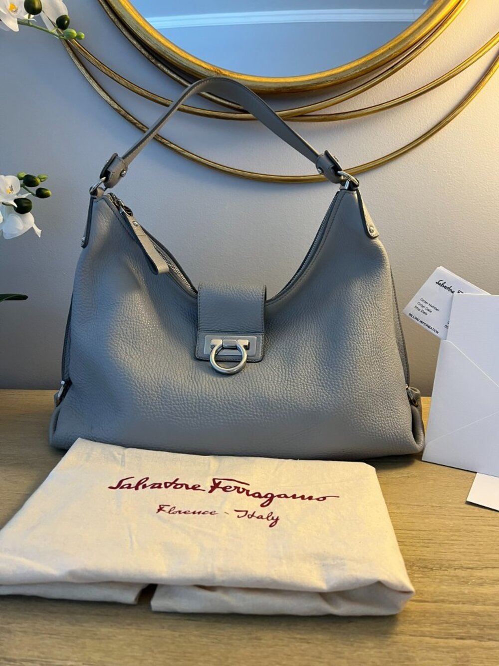 Salvatore Ferragamo Safari Fanisa Hobo in Pearl Grey Pebbled Soft Leather